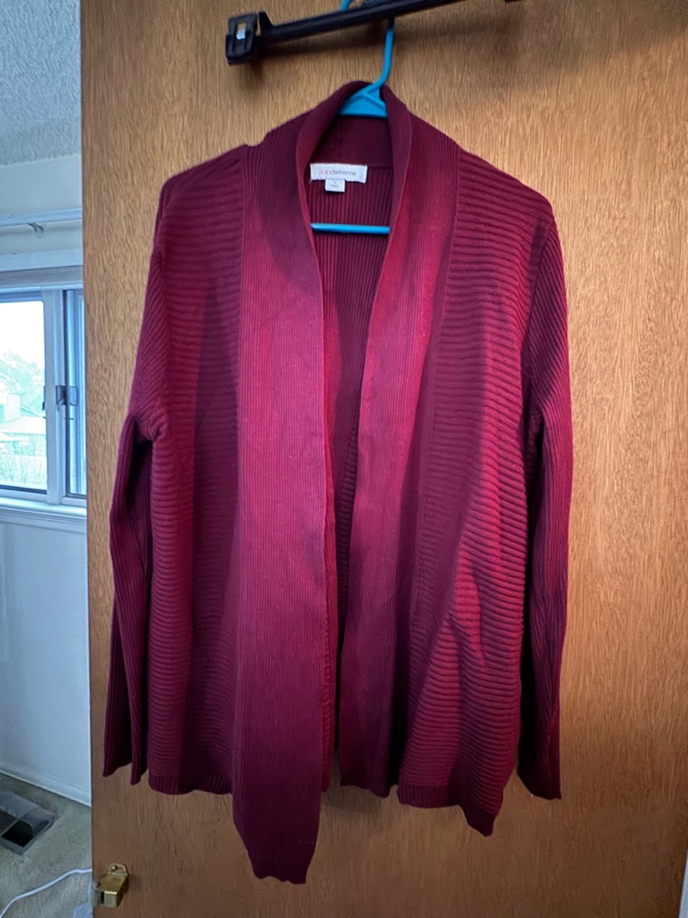 Liz Claiborne Burgundy Open-Front Ribbed Shawl Collar Cardigan